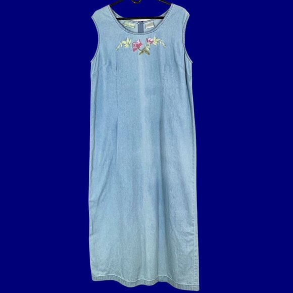 Denim Embroidered Maxi Dress Lightweight Vintage - Picture 1 of 7